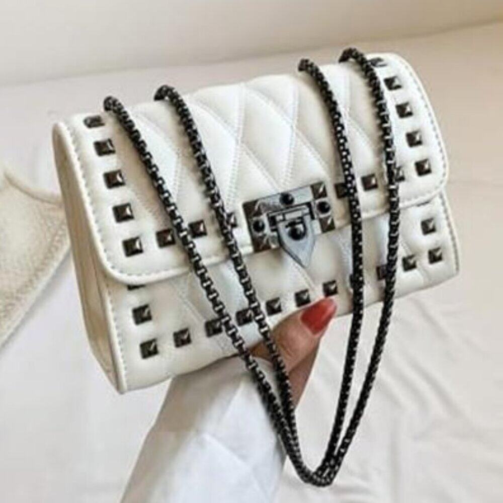 Women’s White Studded Punk Crossbody Bag Chain Strap Vegan Leather Purse - Picture 2 of 8